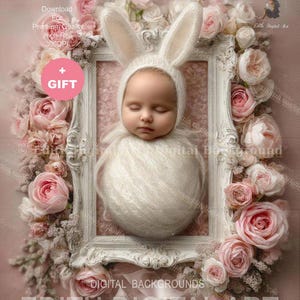 Newborn Face Insert, Easter Bunny Digital Backdrop For Baby Girl Photography Composite, Spring Flowered Photo Frame Background. Download