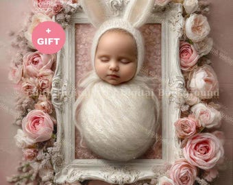 Newborn Face Insert, Easter Bunny Digital Backdrop For Baby Girl Photography Composite, Spring Flowered Photo Frame Background. Download