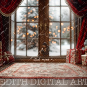 May include: A red and white patterned rug with a red and white patterned border. The rug is in front of a window with a snowy scene outside. There are Christmas trees and presents on either side of the window.