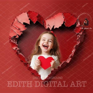 Carta strappata a forma di cuore, sfondo digitale per San Valentino, carta rosa e rossa scoppiettante, sovrapposizione di modello digitale a forma di cuore, ritratto fotografico.