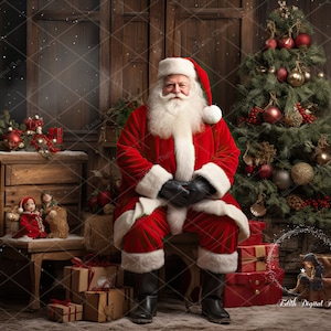 Toile de fond numérique de Noël, père Noël avec des cadeaux de Noël, composite de photographie numérique de fond de Noël, photo à téléchargement numérique fantastique