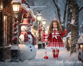May include: A young girl in a red dress with white trim and a white bow stands in a snowy winter scene. She is holding a red ornament and a candy cane with red and white stripes. A snowman with a red scarf and hat stands behind her.