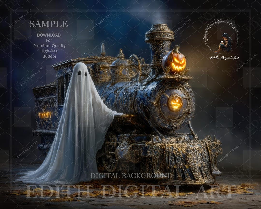 Printable Halloween Ghost Train Digital Background, Spooky Haunted ...