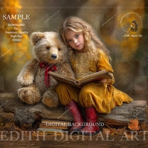 Autumn Digital Backdrop, Enchanted Fall Forest with Teddy Bear Reading, Fantasy Back to School Photo Background for Kids Fine Art Portrait.