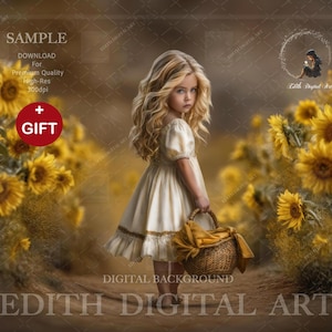 Può includere: Una ragazza in abito color crema tiene in mano un cestino di vimini pieno di tessuto giallo. Si trova in un campo di girasoli. L'immagine contiene il testo "SAMPLE" e "GIFT".