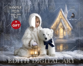 Christmas Backdrop Photography For Children Face Insert, Snow Winter Forest Bridge & Polar Bear, Toddler Photo Composite + Snow Overlay.