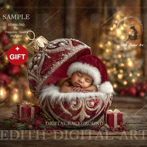May include: A baby wearing a Santa hat is inside a large, ornate Christmas bauble. The red bauble has gold detailing and sits on a wooden surface. A Christmas tree and gifts are in the background. The image is a digital background.