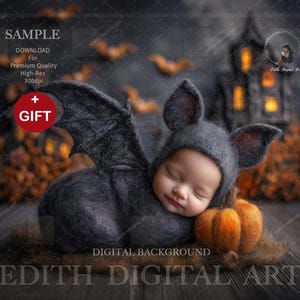 May include: A baby in a grey bat costume with wings, sleeping beside a small orange pumpkin. The background shows a blurred spooky house and bats. The image includes the text "SAMPLE" and "GIFT".