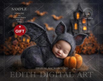 Newborn Face Insert, Halloween Baby Bat Photo Prop Digital, Fun Faceless Baby Digital Backdrop Composite, Dark Spooky Town, Studio Portrait