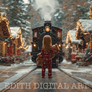 Digitale achtergrond kersttrein, Polar Express-composieten, Noordpoolstation, magische kerststraat, portret kinderen en huisdieren + gratis sneeuw