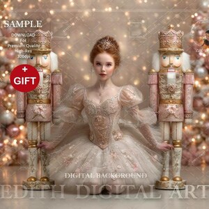 May include: A digital background featuring a woman in a white and pink dress, flanked by two decorative nutcrackers. The image has a festive theme with a Christmas tree and bokeh lights. Text includes "SAMPLE" and "GIFT".