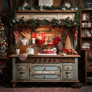 Christmas Kitchen Backdrop, Kitchen Digital Background Photography, Christmas Kitchen Overlay with Christmas Tree, Kitchen Room Template