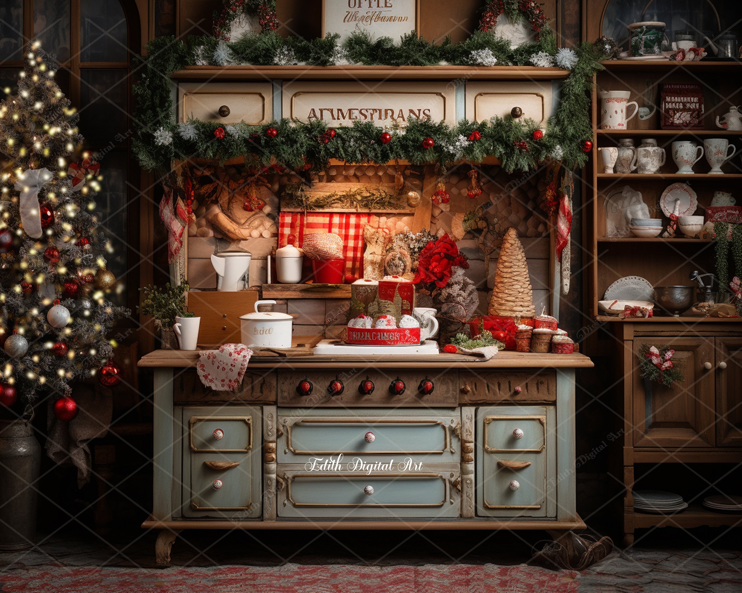 Christmas Baking Kitchen Centerpiece With Vintage Kitchenware