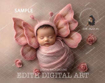 Spring Newborn Digital Background Photography, Pink Butterfly Digital Backdrop, Newborn Face Insert, Add Face, Faceless, Baby  Portrait.