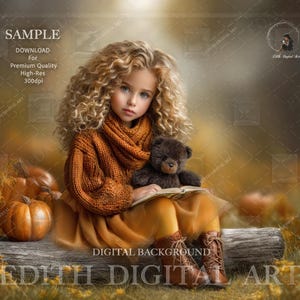 May include: A child with curly blonde hair wearing an orange sweater and dress, holding a teddy bear and a book. The scene is set outdoors with pumpkins and autumn foliage. The image has the text "SAMPLE" and "DIGITAL BACKGROUND".