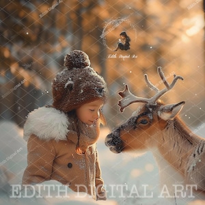 Toile de fond numérique enchantée avec un cerf de la forêt d'hiver pour des portraits d'enfants magiques, un composite de photographie d'enfants en plein air. + Enneigement gratuit