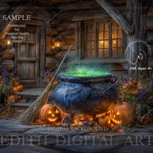 Puede incluir: Un fondo digital con una escena de Halloween. Un caldero burbujeante con líquido verde se encuentra frente a una cabaña de madera. Calabazas iluminadas y una escoba están cerca. El texto "SAMPLE" y "EDITH DIGITAL ART" son visibles.