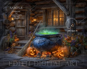 Witch Digital Backdrop, Fun Halloween Composites, Spooky Witch House Scene, Stirring Cauldron Pot, Fantasy Backdrop For Kids Photo Download
