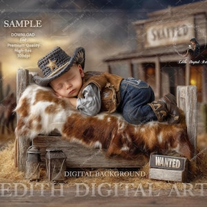 May include: A sleeping baby dressed as a cowboy, wearing a hat with a star, a vest, and jeans, resting on a rustic wooden bed with a cowhide blanket. The scene is set in a Western-themed digital background with a "Wanted" sign.