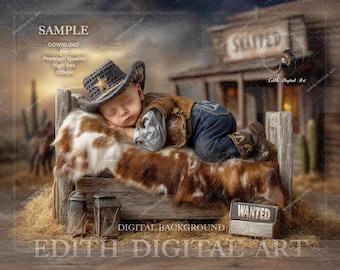 Western Baby Digital Backdrop, Rustic Bed Prop Scene for Baby & Pet Portraits, Country Cowboy Theme  Photography Composite Photo Download