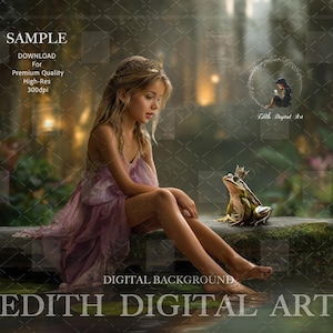May include: A young girl wearing a pink dress and a crown sits on a rock with a frog wearing a crown. The background is a lush green forest with a stream of water.
