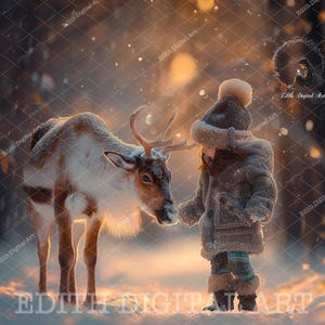 Deer in Snow Winter Forest Digital Backdrop for Children Portrait Photography, Christmas Composite, Santa&#39;s Reindeer +  Free Snow Overlay