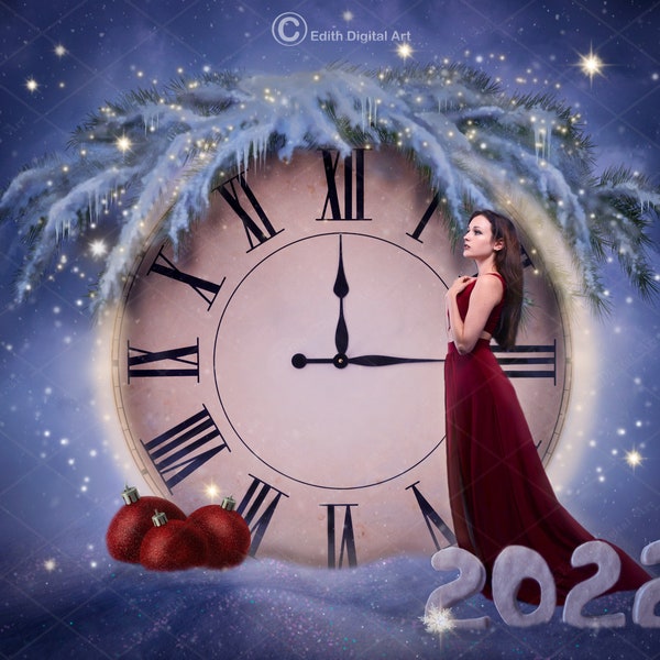 Christmas Digital Backdrop New Years 2022. New Years Background for Photography Composite. Winter Snow Forest,  Photoshop, New Year Clock.