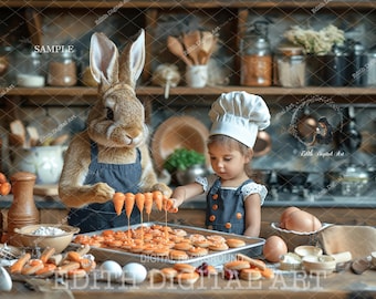 Easter Digital Backdrop Photography Composite, Bake With Easter Bunny, Easter Background, Fun Children Portrait, Digital Kitchen, Download