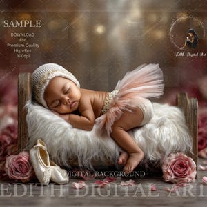May include: A sleeping baby wearing a white and gold knit cap and a pink tutu, lying on a fluffy white surface inside a small wooden bed. A pair of white ballet shoes and pink roses are in the foreground. The image has the text "SAMPLE" and "DIGITAL BACKGROUND".