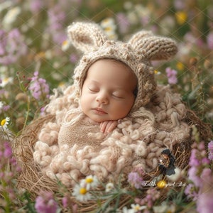 Easter Bunny Newborn Digital Background Photography, Newborn Digital Backdrop Composite, Newborn Rabbit at Floral Spring  Fiel Digital Prop