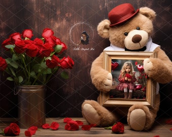 Photographie de toile de fond numérique pour la Saint-Valentin, arrière-plan numérique Love Studio, ours en peluche tenant un cadre, composite de superposition d'arrière-plan PNG.