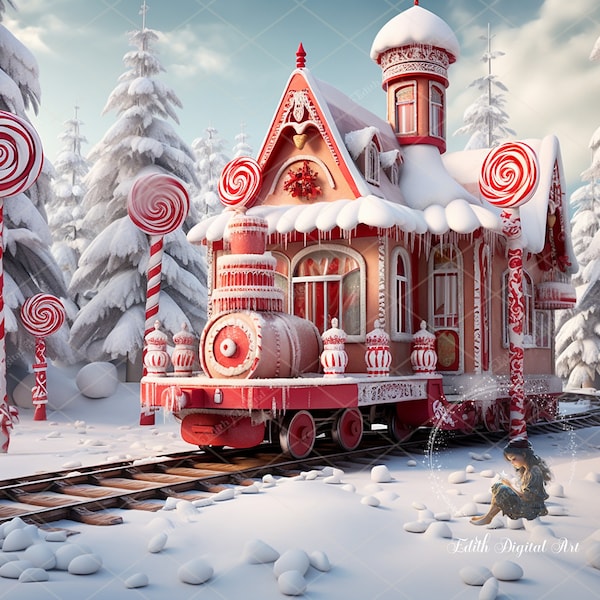 Christmas Digital Backdrop, Candy Cane Ferry Photo, Christmas Noorth Pole Train, Fantasy Backdrop Digital, Xmas Train on Snow Winter Forest.