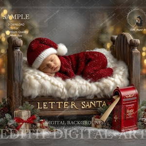 May include: A newborn baby wearing a red Santa hat and outfit, sleeping on a fluffy white blanket in a wooden bed. A red mailbox with a letter is next to the bed. The words "LETTER SANTA" are on the bed.