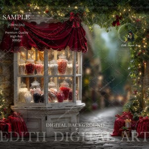 Christmas Shop Backdrop, Holiday Photo Composite, Xmas Candy Cart Digital Background for Photography Studio Photoshoot. Instant Download