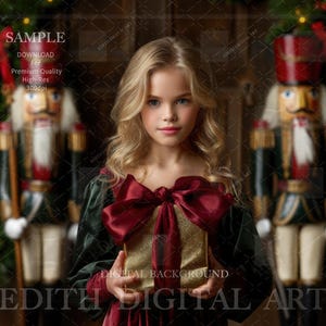 Nutcracker Christmas Digital Backdrop, Festive Holiday Background with Xmas Ornaments, Children Portrait  Creative Photo Composite Download