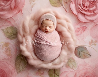 Newborn Digital Backdrop Photography,  Baby Girl Poppet Face Insert, Pink Flokati Wrap,  Spring Watercolor Background Composite,  PNG.