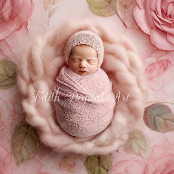 Newborn Digital Backdrop Photography,  Baby Girl Poppet Face Insert, Pink Flokati Wrap,  Spring Watercolor Background Composite,  PNG.