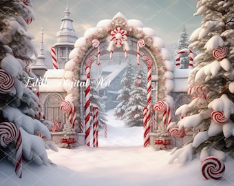 Weihnachten Digitaler Hintergrund Fotografie, verzauberter süßer Candycane Dorf Hintergrund, Fantasy Weihnachten Overlay Vorlage für Kinder, Kleinkinder