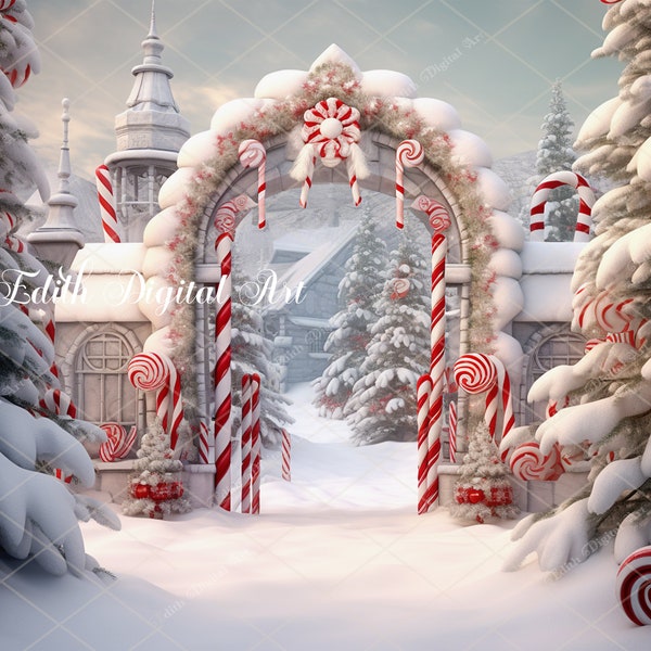 Christmas Digital Backdrop Photography, Enchanted Sweet Candycane Village Background, Fantasy Christmas Overlay Template for Kids, Toddlers