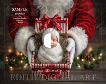 Fondo digital para recién nacidos, Papá Noel con una caja de regalo, imagen del rostro del recién nacido, fotografía de la primera Navidad del bebé, fondo de descarga instantánea