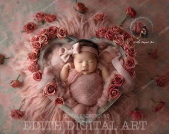 Newborn Digital Backdrop for Photography Composite, Newborn Valentine Heart Bowl Digital Prop, Baby Girl Backdrop Studio Digital Background