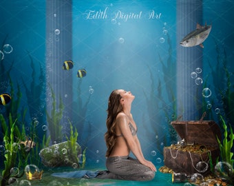 Undersea Ocean Digital Backdrop Photography, Fantasy Background Photoshop Composite, Instant Download.