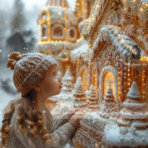Christmas Digital Backdrop, Gingerbread House, Candycane, Bokeh, Xmas Lights, Snow, Holidays, Festive Digital Background  + Snow Overlay
