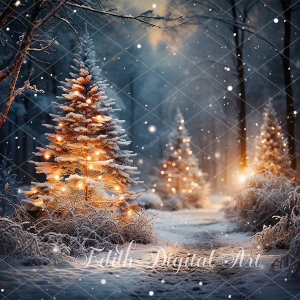 Christmas Digital Backdrop, Enchanted Snowy Trail Pathway With Christmas Tree on Road, Christmas Outdoor Portrait Background Composite.