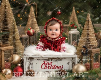 Christmas Newborn Digital Backdrop Photography, Toddler Christmas Photoshoot, White Case Digital Prop, Golden Christmas Tree Farm Download