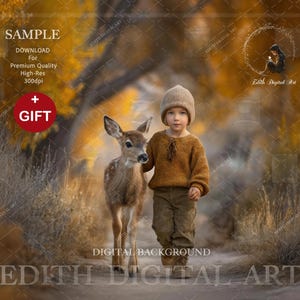 May include: A young child in a brown sweater and pants stands next to a fawn in a natural outdoor setting. The image has a warm color palette with text that reads "SAMPLE" and "GIFT". The background features fall foliage.
