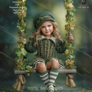 Può includere: Un bambino in un completo e cappello verdi è seduto su un'altalena di legno decorata con trifogli e viti. L'abito del bambino ha finiture dorate e pizzo bianco. Lo sfondo è verde sfocato con il testo "SAMPLE" e "DIGITAL BACKGROUNDS".