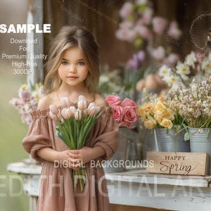May include: A young girl in a pink dress holds a bouquet of pink tulips. The background features a flower shop with various flowers in metal buckets and a wooden sign that reads "Happy Spring."