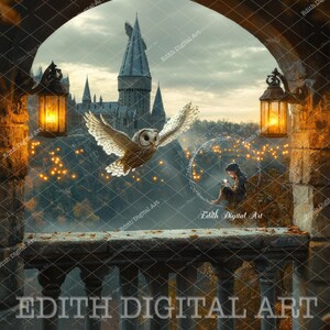 May include: A white owl with a yellow beak and eyes flies through a stone archway. The archway is decorated with lanterns and overlooks a magical castle with a dark sky and glowing lights.
