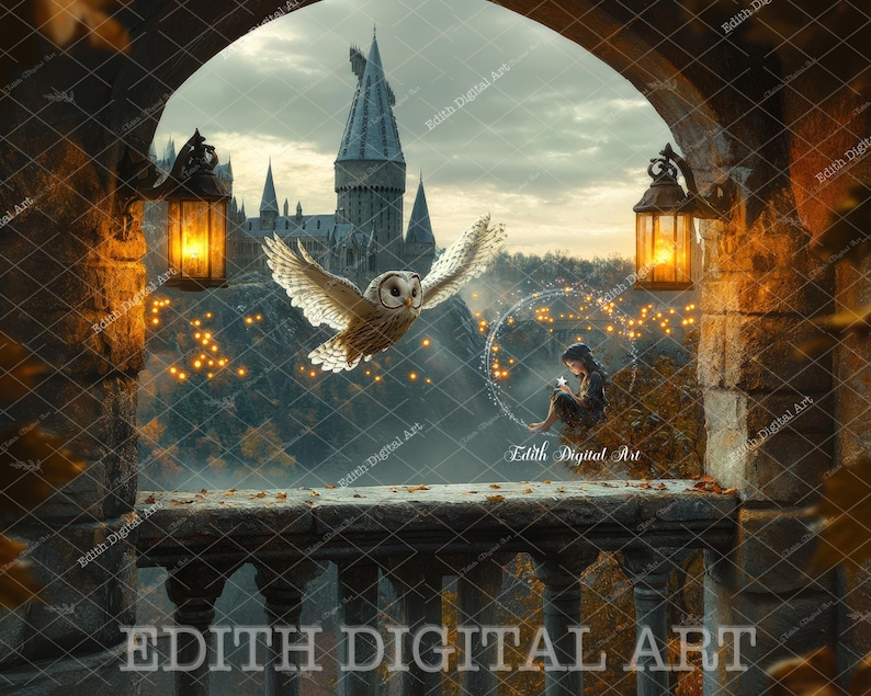 May include: A white owl with a yellow beak and eyes flies through a stone archway. The archway is decorated with lanterns and overlooks a magical castle with a dark sky and glowing lights.